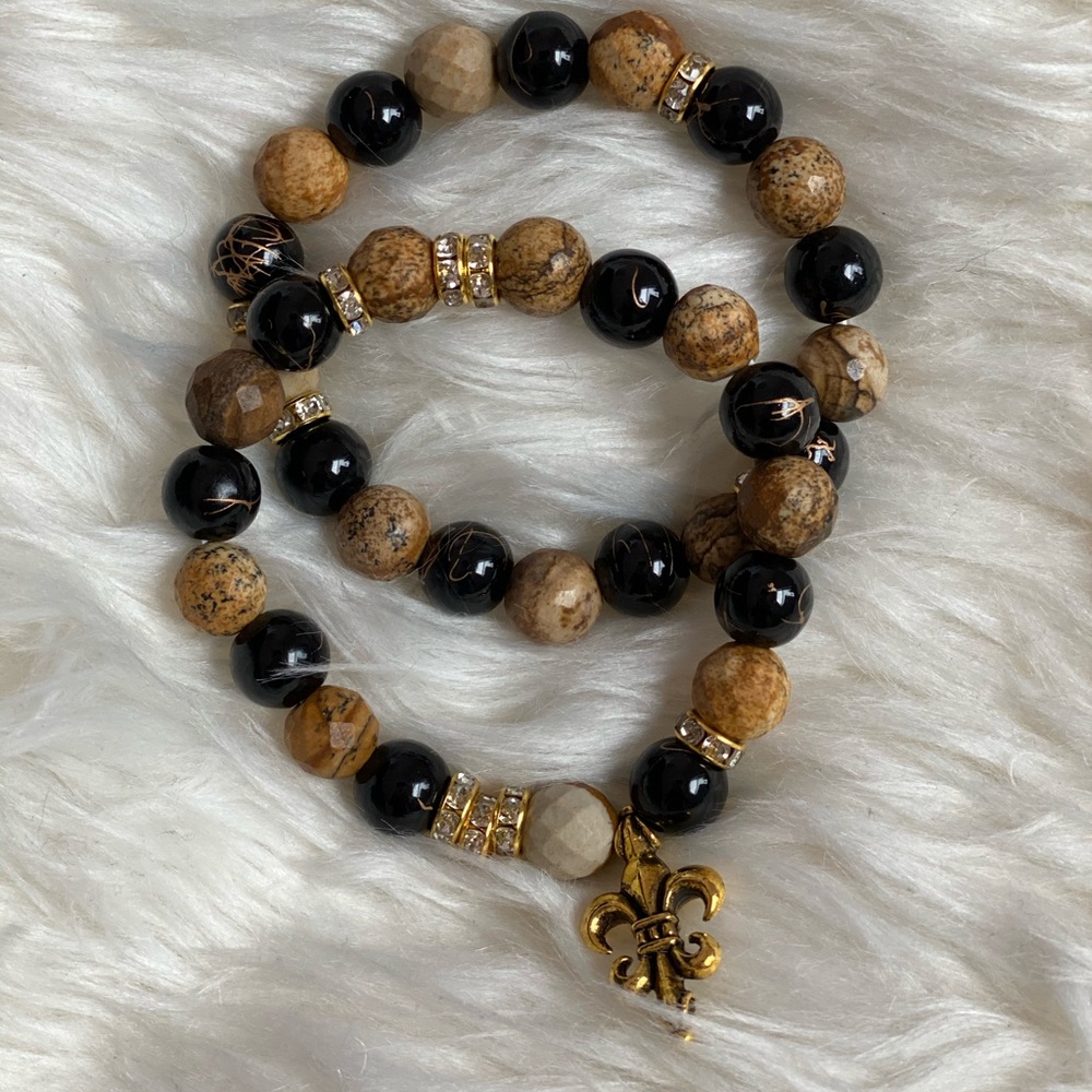 Handmade natural stone fleur de lis bracelet set